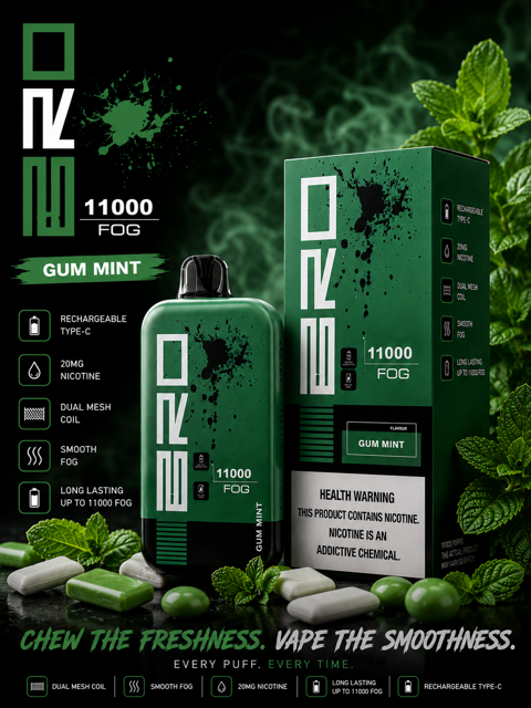 پاد یکبار مصرف برو فاگ ۱۱۰۰۰ پاف آدامس نعنا | Bro Fog 11000 Puff