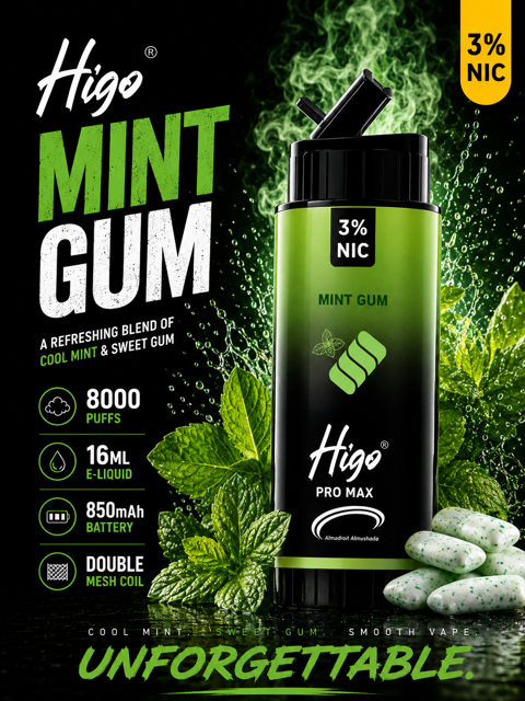 پاد یکبار مصرف هیگو پرومکس 8000 آدامس نعنا| Higo pro max 8000 GUM MINT