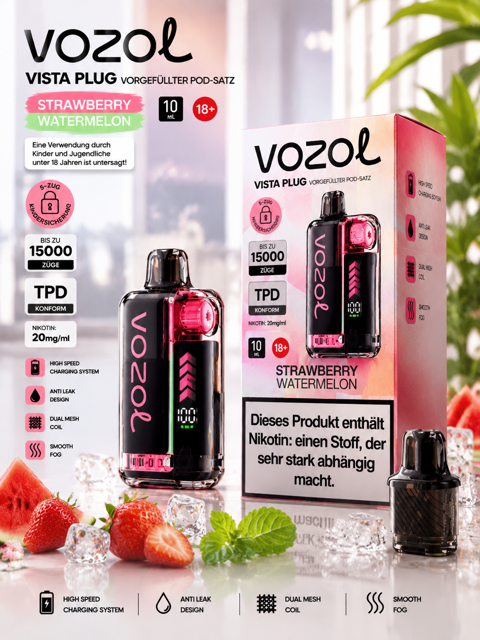 پاد یکبار مصرف وزول15000 توت‌فرنگی هندوانه| VOZOL 15000 Strawberry Watermelon